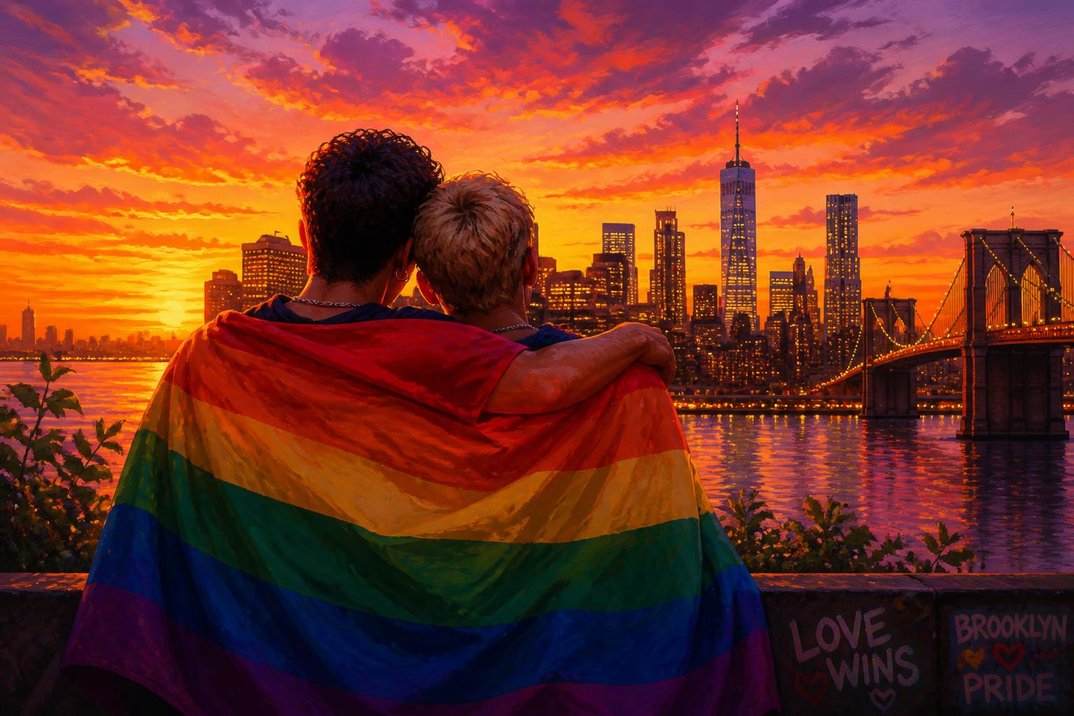 Two friends wrapped in a rainbow flag watching the Brooklyn sunset